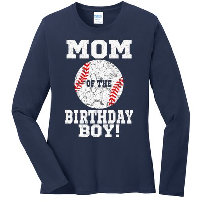 Mom Of The Birthday Boy Baseball Lover Vintage Retro Ladies Long Sleeve Shirt