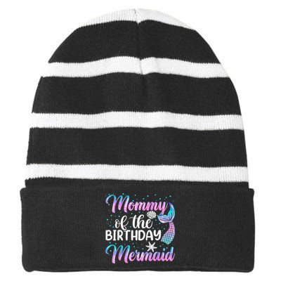 Mommy Of The Mermaid Birthday Mom Striped Beanie with Solid Band