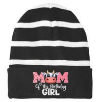 Mom of The Birthday Cow Family Cow Farm Matching Striped Beanie with Solid Band