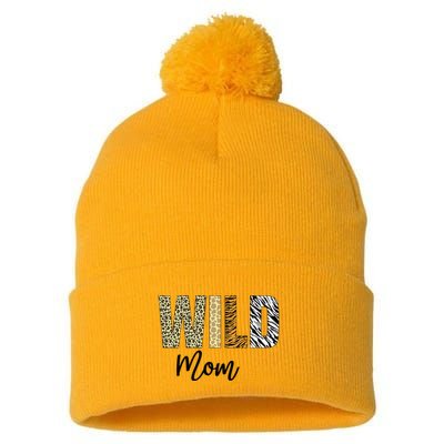 Mom Of The Wild One Zoo Birthday Safari Jungle Animal Pom Pom 12in Knit Beanie