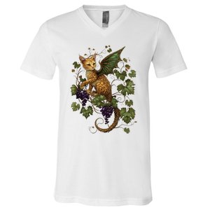 Mystical Orange Tabby Dragon Cat Fae With Grapevines V-Neck T-Shirt