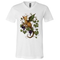 Mystical Orange Tabby Dragon Cat Fae With Grapevines V-Neck T-Shirt