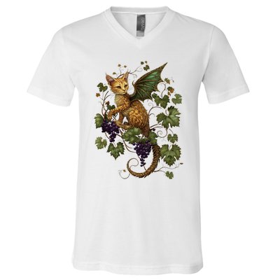 Mystical Orange Tabby Dragon Cat Fae With Grapevines V-Neck T-Shirt