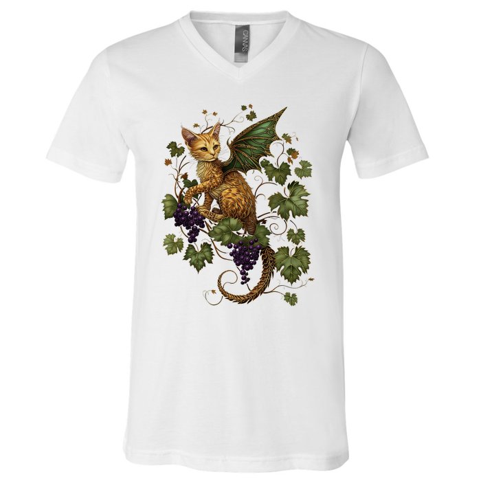 Mystical Orange Tabby Dragon Cat Fae With Grapevines V-Neck T-Shirt