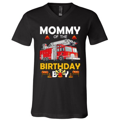 Mommy Of The Birthday Fire Truck Firefighter Party Mom V-Neck T-Shirt