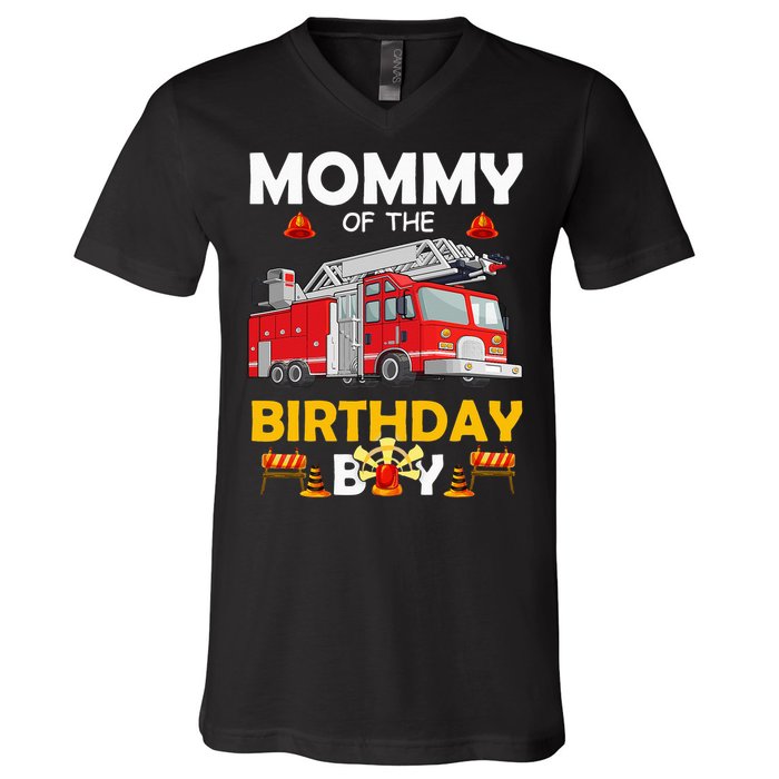 Mommy Of The Birthday Fire Truck Firefighter Party Mom V-Neck T-Shirt