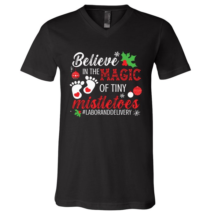 Magic Of Tiny Mistletoes Labor And Delivery Christmas V-Neck T-Shirt