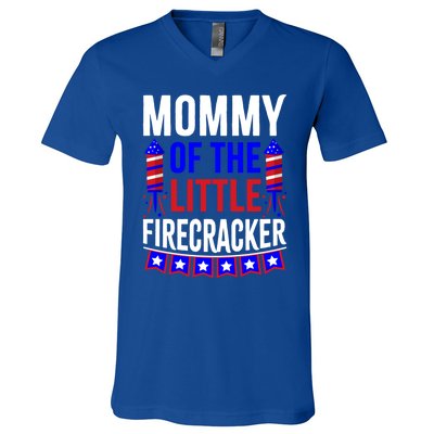 Mommy Of The Little Firecracker 4th Of July Birthday Funny Great Gift V-Neck T-Shirt