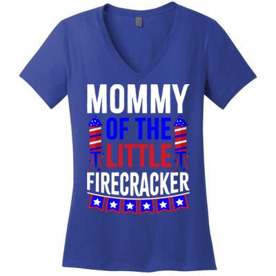 Mommy Of The Little Firecracker 4th Of July Birthday Funny Great Gift Women's V-Neck T-Shirt