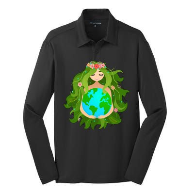 Mother Gaia Earth World Cute Silk Touch Performance Long Sleeve Polo