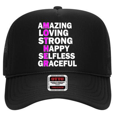 Mother's Day Quote Amazing Loving Strong Happy High Crown Mesh Back Trucker Hat