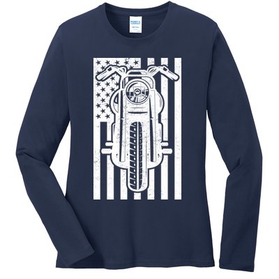 Motorcycle Biker USA Flag Ladies Long Sleeve Shirt