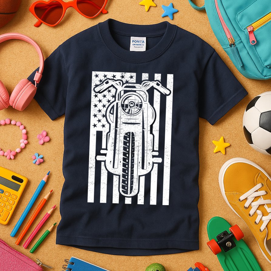 Motorcycle Biker USA Flag Kids T-Shirt