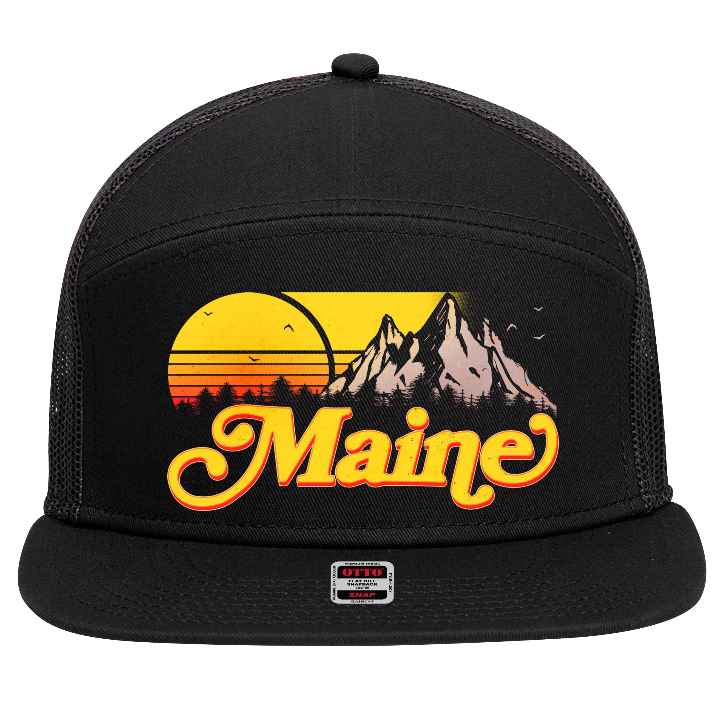 Mountains In Maine 7 Panel Mesh Trucker Snapback Hat