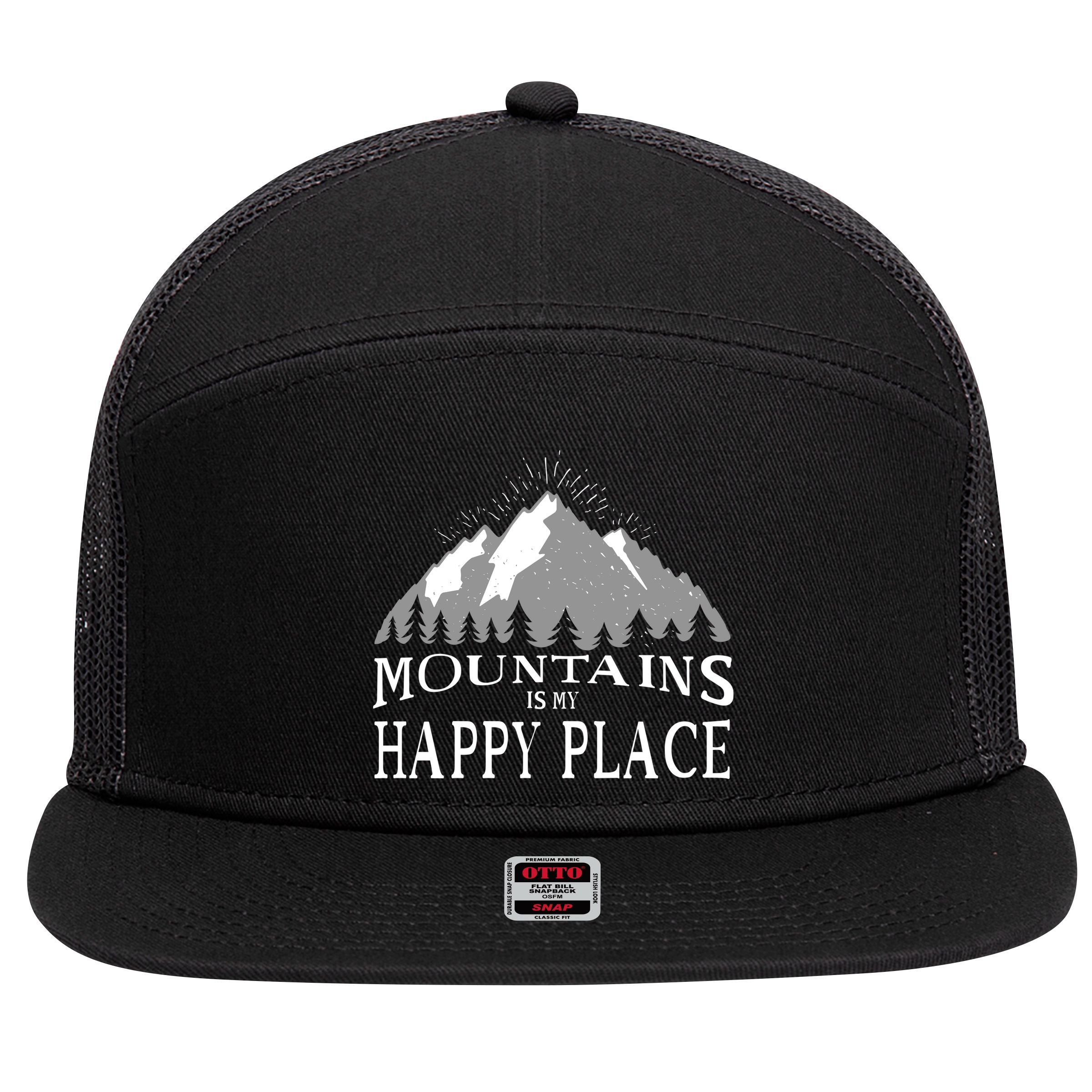 Mountains Is My Happy Place 7 Panel Mesh Trucker Snapback Hat