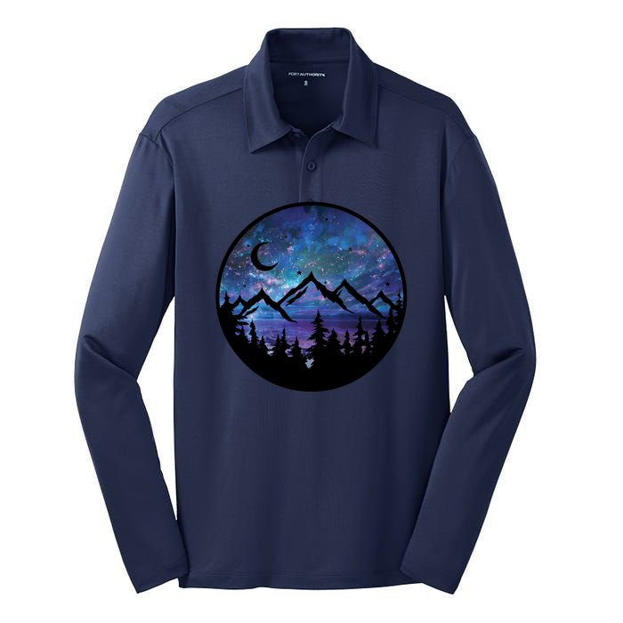 Mountains Star Night Sky Silk Touch Performance Long Sleeve Polo