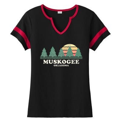 Muskogee Ok Vintage Throwback Retro 70s Design Ladies Halftime Notch Neck Tee