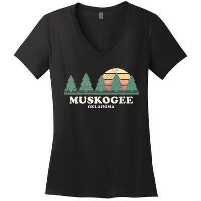 Muskogee Ok Vintage Throwback Retro 70s Design Women's V-Neck T-Shirt