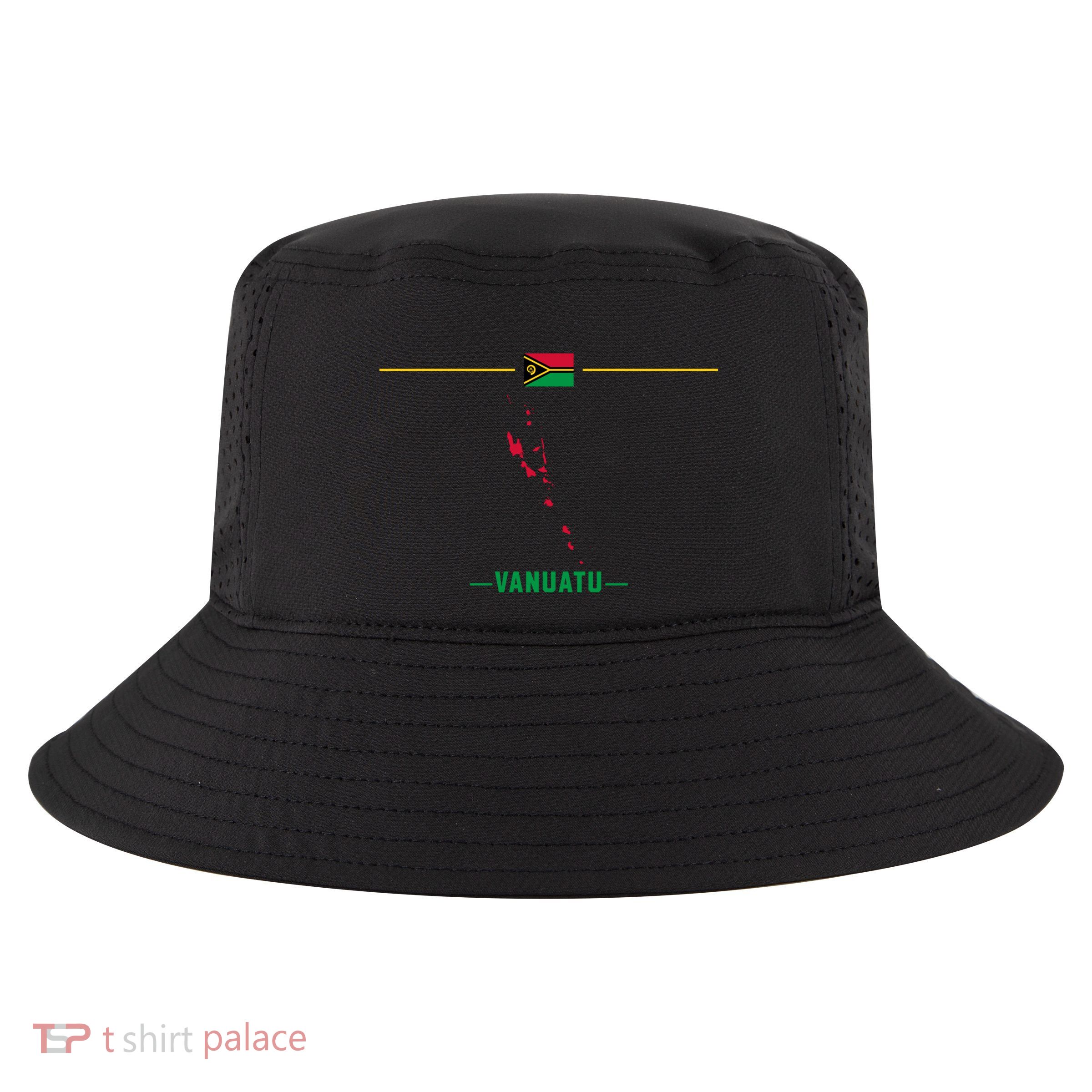 Map Of Vanuatu Isolated With Flag And Name Of The Country Great Gift Cool Comfort Performance Bucket Hat