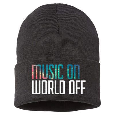 Music On World Off For Music Lovers Djs Musicians Sustainable Knit Beanie