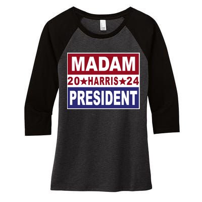 Madam President 2024 Patriotic Print Women's Tri-Blend 3/4-Sleeve Raglan Shirt