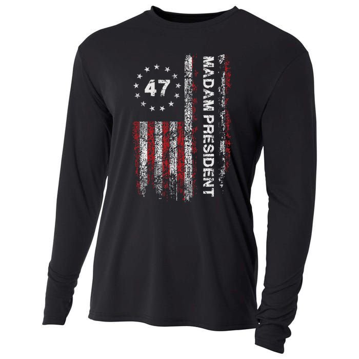 Madam President 47 2024 Us Flag Vintage Harris 2024 Cooling Performance Long Sleeve Crew