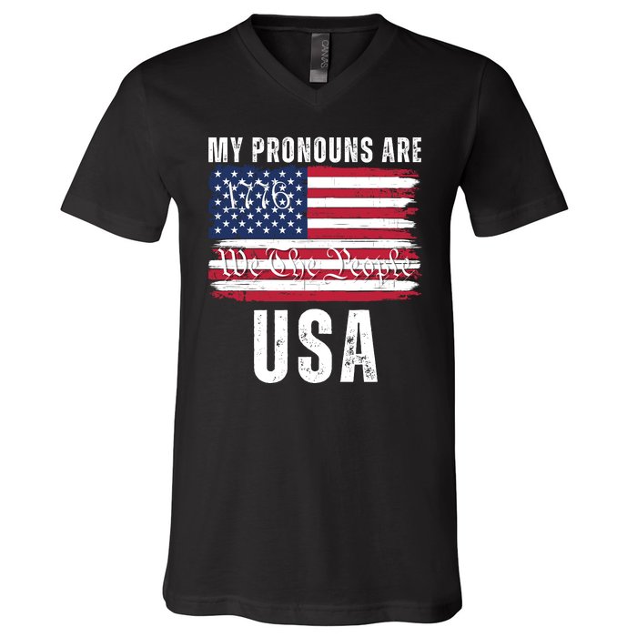 My Pronouns Are USA We The People 1776 USA Flag 4th Of July We The People 17 V-Neck T-Shirt