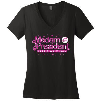 Madam President And Tim Kamala Harris And Tim Walz 2024 Women's V-Neck T-Shirt