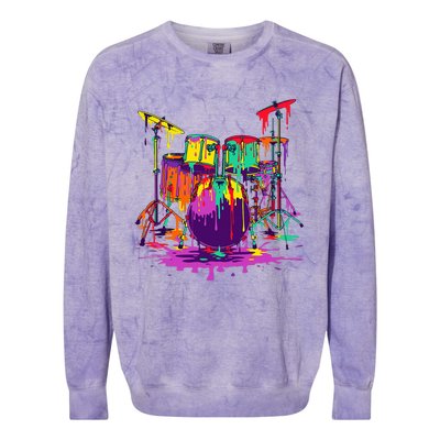 Melting Pop Art Drum Set Funny Drummer Musician Music Outfit Colorblast Crewneck Sweatshirt