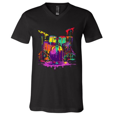 Melting Pop Art Drum Set Funny Drummer Musician Music Outfit V-Neck T-Shirt