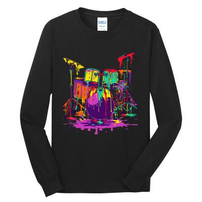 Melting Pop Art Drum Set Funny Drummer Musician Music Outfit Tall Long Sleeve T-Shirt