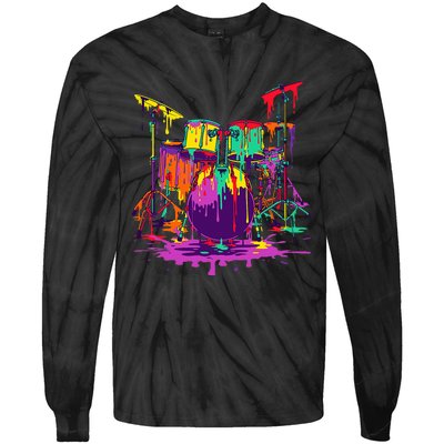 Melting Pop Art Drum Set Funny Drummer Musician Music Outfit Tie-Dye Long Sleeve Shirt