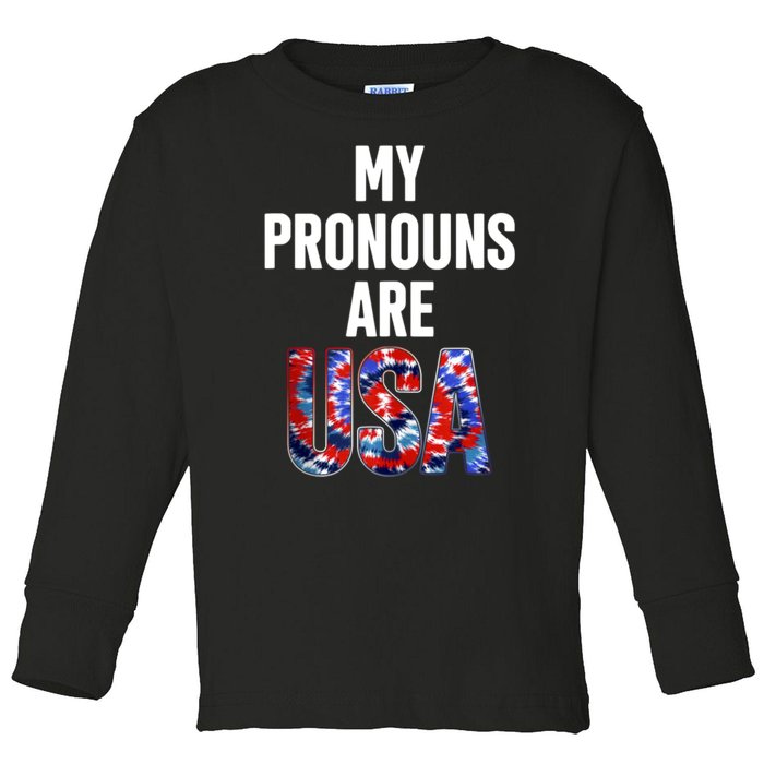 My Pronouns Are Usa 4th Of July American Flag Toddler Long Sleeve Shirt