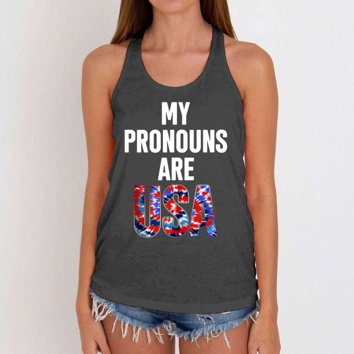 My Pronouns Are Usa 4th Of July American Flag Women's Knotted Racerback Tank