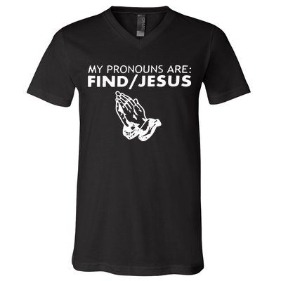 My Pronouns Are Find Jesus Retro Apparel V-Neck T-Shirt