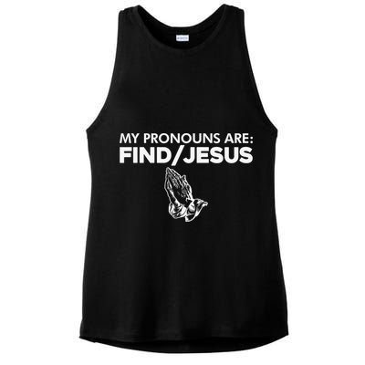 My Pronouns Are Find Jesus Praying Hands Ladies PosiCharge Tri-Blend Wicking Tank