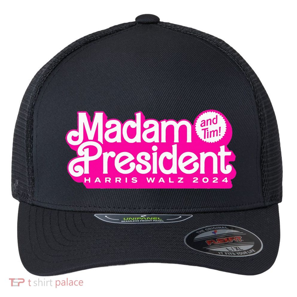 Madam President And Tim Harris & Tim Walz 2024 Flexfit Unipanel Trucker Cap