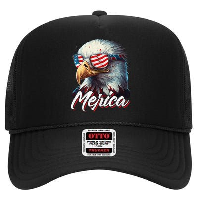 Merica Patriotic American Bald Eagle Funny 4th of July High Crown Mesh Back Trucker Hat