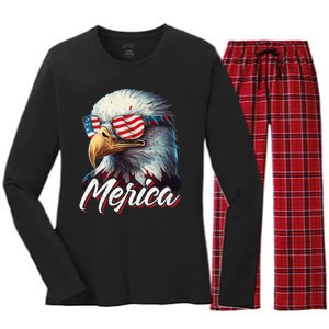 Merica Patriotic American Bald Eagle Funny 4th of July Women's Long Sleeve Flannel Pajama Set 