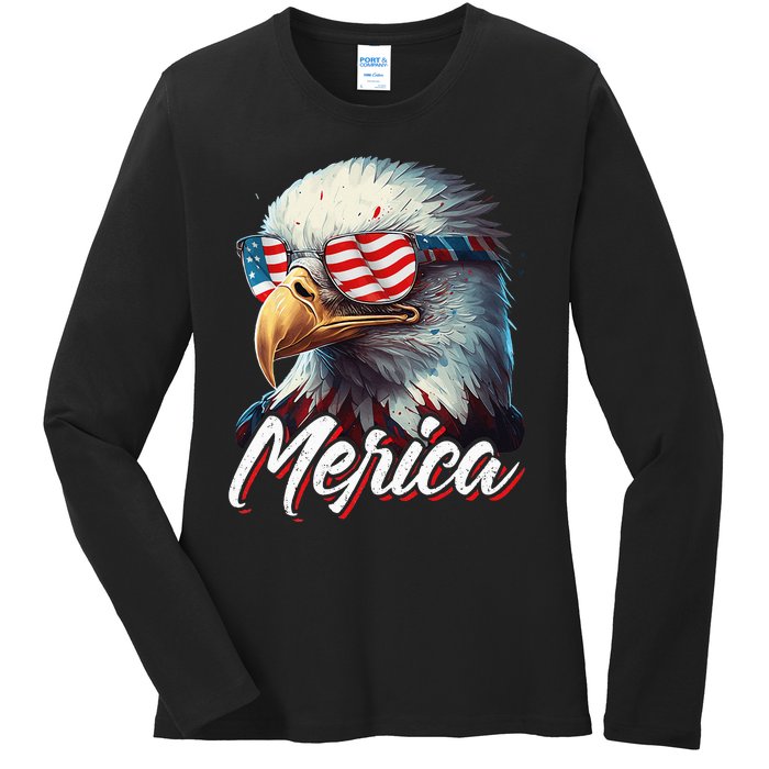 Merica Patriotic American Bald Eagle Funny 4th of July Ladies Long Sleeve Shirt