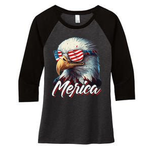 Merica Patriotic American Bald Eagle Funny 4th of July Women's Tri-Blend 3/4-Sleeve Raglan Shirt