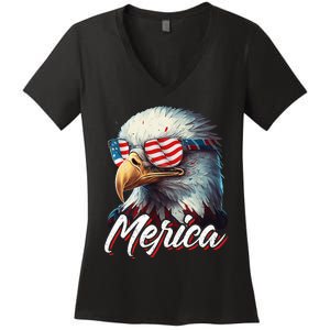 Merica Patriotic American Bald Eagle Funny 4th of July Women's V-Neck T-Shirt