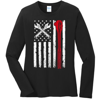 Mechanic Proud American Patriotic USA Flag of Tools Ladies Long Sleeve Shirt