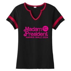 Madam President And Tim Harris And Tim Walz 2024 Funny Gift Ladies Halftime Notch Neck Tee