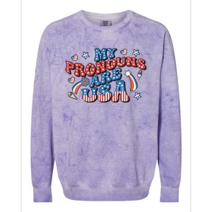 My Pronouns Are USA 4th Of July Groovy Colorblast Crewneck Sweatshirt