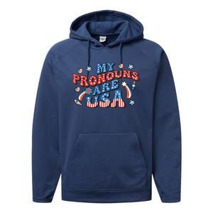 My Pronouns Are USA 4th Of July Groovy Performance Fleece Hoodie