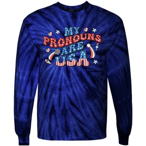 My Pronouns Are USA 4th Of July Groovy Tie-Dye Long Sleeve Shirt