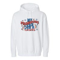 My Pronouns Are USA 4th Of July Groovy Garment-Dyed Fleece Hoodie