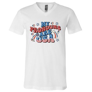 My Pronouns Are USA 4th Of July Groovy V-Neck T-Shirt