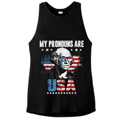 My Pronouns Are USA George Washington 4th Of July US American Flag Ladies PosiCharge Tri-Blend Wicking Tank